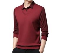 TOTDYIKH Men's Striped Lapel Fake Two-Piece Shirt,Men Long Sleeve Faux 2-Piece Knitted Polo Shirt (Wine Red,Large)