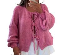 TOTDYIKH Women's Tie Front Sweater,Bow Tie Front Knitted Cardigan Long Sleeve Open Front Oversized Cardigan Knitwear Tops (Large,Rose Red)