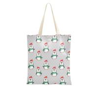 Tote Bags Canvas with Handles for Women Casual Cloth Bag, Christmas Grey Polka Dot Penguin Santa Hat