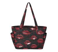 Tote Pool Bag Everyday Shoulder Bag for Work Daily Commute with Pockets Gothic Style Darkness Bleed Lips Red