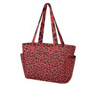Tote Pool Bag Work Bag for Travel & Everyday Commute with Pockets Fake Glitter Leopard Print Red