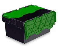 Totebox 10x 54 Litre Storage Box/Attached Lid Container in Black with Green Lid (600 x 400 x 320h mm)