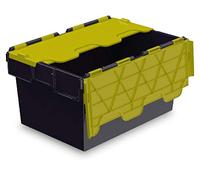 Totebox 10x 54 Litre Storage Box/Attached Lid Container in Black with Yellow Lid (600 x 400 x 320h mm)