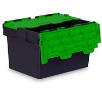 Totebox 10x 64 Litre Storage Box/Attached Lid Container in Black With Green Lid (600 x 400 x 365h mm)