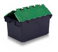 Totebox 5x 80ltr XL Heavy Duty Attached Lid Container in Black With Green Lid (710 x 460 x 368h mm) Original LC3 Crate