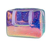 TotePrint Clear Star Large Cosmetic Bag and Travel Pouch with Handle,Durable Material,Zipper Design-Ideal for Makeup,Travel Essentials, Purple Handle, 11.81x5.12x8.27inch, Holographic