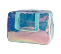 TotePrint Clear Star Large Cosmetic Bag and Travel Pouch with Handle,Durable Material,Zipper Design-Ideal for Makeup,Travel Essentials, Holographic Pink+Stars, 11.81x5.12x8.27inch