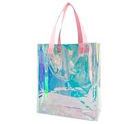 TotePrint Holographic Clear Tote Bag with Weave Handle Laser Waterproof PVC Beach Tote Gift Shopping Bag for Stadium Travel, Light Pink Handle, L