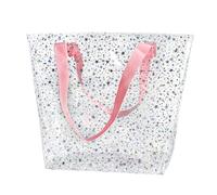 TotePrint Holographic Heart Clear Tote Bag, Waterproof Beach Bag with Pink Handles, Large 11.8"x12.2"x4.3", TSA Compliant, Holographic Star Pattern, L