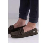 Totes Isotoner Mens Brown Distressed Moccasin Slipper with Herringbone Socks Brown