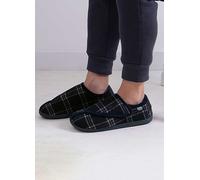 Totes Isotoner Mens Navy Check Velour Closed Back Slippers Black