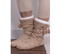 Totes Ladies Cable Knit Pom Pom Slipper Socks in Oat Beige