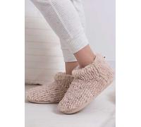Totes Ladies Faux Fur Short Boot Slippers in Oatmeal Knit Beige