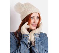 Totes Ladies Oat Cable Beanie Hat & Gloves Set White