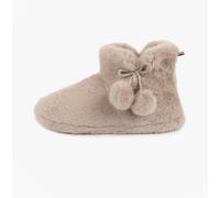 totes® toasties® Ladies Faux Fur Boot Slippers, Knitted Faux Fur Lining with Memory Foam for Comfort, Durable Sole, Tie Pom Pom Detail, Machine Washable at 30°, Oat, S