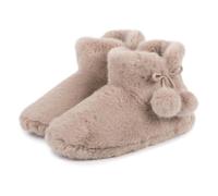 totes® toasties® Ladies Faux Fur Boot Slippers, Knitted Faux Fur Lining with Memory Foam for Comfort, Durable Sole, Tie Pom Pom Detail, Machine Washable at 30°, Oat, M