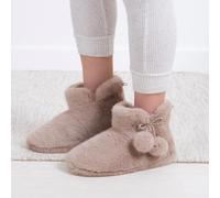 totes® toasties® Ladies Faux Fur Boot Slippers, Knitted Faux Fur Lining with Memory Foam for Comfort, Durable Sole, Tie Pom Pom Detail, Machine Washable at 30°, Oat, S