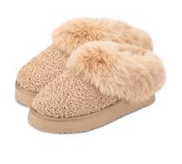 totes® toasties® Ladies Icons Textured Mule with Chunky Sole, On-Trend Chunky Mule Slippers with Memory Foam for Comfort, Fluffy Lining for Warmth, Curly Borg Design, Camel, 5 UK