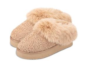 totes® toasties® Ladies Icons Textured Mule with Chunky Sole, On-Trend Chunky Mule Slippers with Memory Foam for Comfort, Fluffy Lining for Warmth, Curly Borg Design, Camel, 7 UK