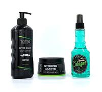 Totex Green Men’s Grooming Set | After Shave Balm Cologne 350ml + Matte Hair Styling Wax 150ml + Barber Aftershave Spray Cologne No.3 250ml | Complete Barber Care & Fragrance Kit