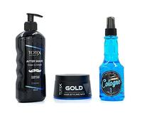 Totex Men’s Grooming Set Blue | After Shave Cream Balm Cologne 350ml + Hair Styling Wax 150ml + Barber Cologne Eau De Parfum Spray 250ml | Complete Barber Care & Fragrance Gift Set