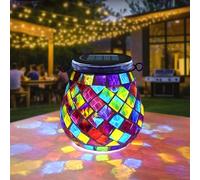 TOTHDATE 1PCS Oval Solar Mosaic Lights Outdoor, On/Off Glass Hanging Solar Mosaic Lanterns Lights IP65 Waterproof for Table Lawn Path Courtyard Deck Fence, Red Square Mosaic Light