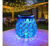 TOTHDATE 1PCS Oval Solar Mosaic Lights Outdoor, On/Off Glass Hanging Solar Mosaic Lanterns Lights IP65 Waterproof for Table Lawn Path Courtyard Deck Fence, Blue Square Mosaic Light
