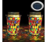TOTHDATE 2PCS Mosaic Solar Lights Outdoor Garden, On/Off Glass Hanging Solar Mosaic Lanterns Lights IP65 Waterproof for Table Lawn Path Courtyard Deck Fence, Red Mosaic Glass