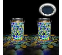TOTHDATE 2PCS Mosaic Solar Lights Outdoor Garden, On/Off Glass Hanging Solar Mosaic Lanterns Lights IP65 Waterproof for Table Lawn Path Courtyard Deck Fence, Blue Mosaic Glass