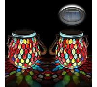 TOTHDATE 2PCS Oval Mosaic Solar Lights Outdoor Garden, On/Off Glass Hanging Solar Mosaic Lanterns Lights IP65 Waterproof for Table Lawn Path Courtyard Deck Fence, Red Mosaic Glass