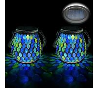 TOTHDATE 2PCS Oval Mosaic Solar Lights Outdoor Garden, On/Off Glass Hanging Solar Mosaic Lanterns Lights IP65 Waterproof for Table Lawn Path Courtyard Deck Fence, Blue Mosaic Glass