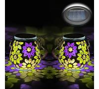 TOTHDATE 2PCS Oval Solar Mosaic Lights Outdoor Garden, On/Off Glass Hanging Solar Mosaic Lanterns Lights IP65 Waterproof for Table Lawn Path Courtyard Deck Fence, Flowers Mosaic Light
