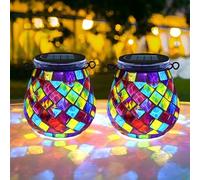 TOTHDATE 2PCS Oval Solar Mosaic Lights Outdoor, On/Off Glass Hanging Solar Mosaic Lanterns Lights IP65 Waterproof for Table Lawn Path Courtyard Deck Fence, Red Square Mosaic Light