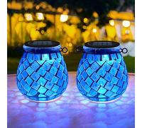 TOTHDATE 2PCS Oval Solar Mosaic Lights Outdoor, On/Off Glass Hanging Solar Mosaic Lanterns Lights IP65 Waterproof for Table Lawn Path Courtyard Deck Fence, Blue Square Mosaic Light