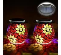 TOTHDATE 2PCS Oval Solar Mosaic Lights Outdoor, On/Off Glass Hanging Solar Mosaic Lanterns Lights IP65 Waterproof for Table Lawn Path Courtyard Deck Fence, Flowers Mosaic Light 2