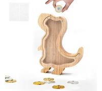 TOTHDATE Animals Wooden Money Box - Dinosaur, Money Box with Alphabet Stickers Wooden Coin Bank for Kids Home Decoration