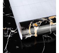 TOTIO Black Marble Self Adhesive Wallpaper Peel Stick Glossy Thicken 16x118inch Black Marble Vinyl Wrap Black & Gold Sticky Plastic Waterproof Furniture Sticker PVC Wall Stickers Detachable
