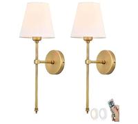 TOTLAC 2 PCS Farmhouse Battery Operated Wall Sconces Set of Two Black Remote Wireless Wall Light Vintage Long Arm White Fabric Candle Gold Wall Mounted Lamp for Bedroom Bedside Living Room