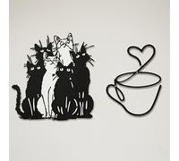 totnwrooye 2PCS Kitchen Wall Art, Black Metal Wall Decor for Coffee Bar, Elegant Cafe Cup and Cat Silhouette Hanging Pieces for Dining Room, Café and Living Room, 21 x 16 cm