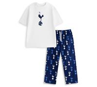 Tottenham Hotspur Mens White Short Sleeve Long Leg Pyjama Set | Classic Sleepwear with Logo in Navy Blue | Sports Nightwear for Comfortable Sleeping Merch - X-Large