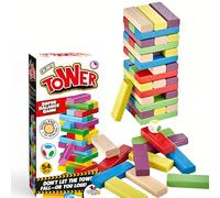 totteriq Colourful Wooden Tower Game with Dice - 54-Piece Stacking Blocks for Kids And Adults - Fun Family Game With 6 Vibrant Colours, Educational Toy for Boys and Girls Ages 5 Plus