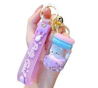 TOU-BEGUIN Delicate Cute Milk Tea Cup Key Ring Decoration, Liquid Quicksand Floating Cat Handbag Accessories, Purple, 4*3*5 cm