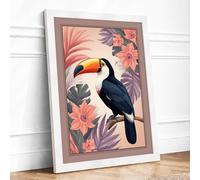 Toucan Among Blooms Boho Framed Wall Art Print A2 (59.4×42cm) White, Wall Decor for Living Room, Bedroom, Office & Home, Ready to Hang, Art Gift