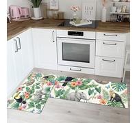 Toucan And Baby Elephant Kitchen Rug 2 Piece Set, Tropical Jungle Animals Non-Slip Washable Runner Rug, Light Green Kitchen Floor Mat for Kitchen Home Office Sink - 43x75cm+43x150cm