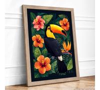 Toucan and Hibiscus Tropical Framed Wall Art Print A3 (42×29.7cm) Oak, Wall Decor for Living Room, Bedroom, Office & Home, Ready to Hang, Art Gift