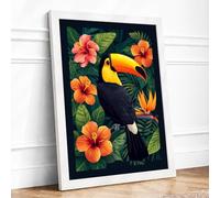 Toucan and Hibiscus Tropical Framed Wall Art Print A4 (29.7×21cm) White, Wall Decor for Living Room, Bedroom, Office & Home, Ready to Hang, Art Gift