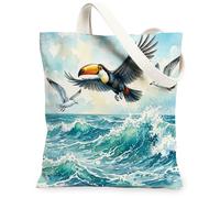 Toucan Bird Canvas Tote Bag for Shopping 13 * 15, Cool Sea Ocean Waves Scenery Reusable Grocery Shoulder Bag for Women, Animal Painting Gift Decor