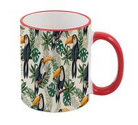 Toucan Bird Pattern Inspired Coffee Tea Cocoa Soup Daily Use Mug Unique Ceramic Cup Mug. (Red Rim & Red Handle Mug)