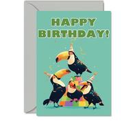 Toucan Birthday Cards for Her or Him, Party Animals Pyramid | Happy Birthday Card for Mum or Dad Brother Sister Auntie Uncle Cousin Friend Family Colleague A5 Bday Greeting Cards