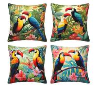 Toucan Cushion Covers 35 x 35 cm Pack of 4 Velvet Cushion Cover Soft Small Sofa Cushions 14 x 14 Inch Square Plants Throw Pillow Cases for Couch Chair Sofa Livingroom Bedroom Farmhouse Decor -LI249